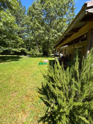 A residential property exterior showing a well-maintained lawn, mature trees, and a covered structure with no visible