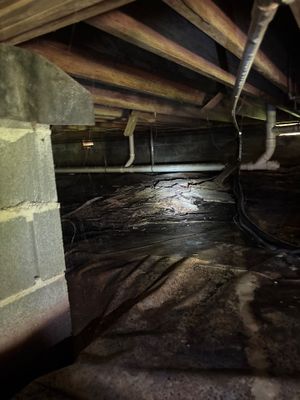 A dark crawl space under a house with wooden beams overhead and what appears to be a drainage pipe or channel visible