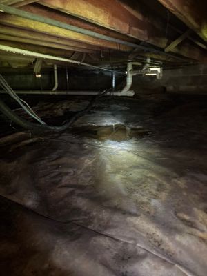 A dimly lit crawl space with visible moisture on the floor and what appears to be drainage piping or interior perimeter