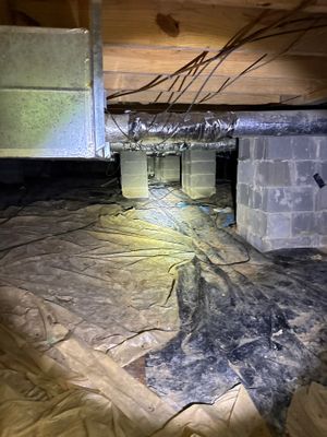 Active crawlspace waterproofing and drainage installation showing plastic vapor barrier being laid on the floor with