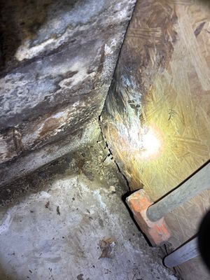 A foundation crack is being marked and prepared for injection repair, with a measuring tool and bright work light