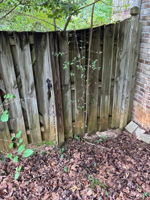 Exterior view of a weathered wooden fence enclosure with brick foundation visible and ground covered in mulch, showing