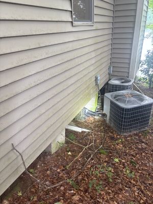 Exterior foundation area showing a black plastic catch basin/drain box installed in the yard next to the house