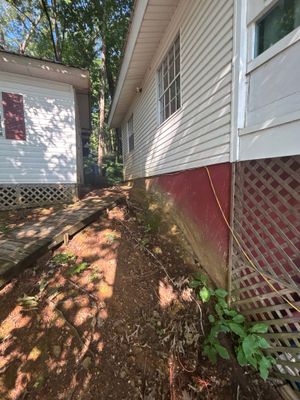 Exterior side yard area between house foundation and garage showing overgrown vegetation, exposed soil, and yellow