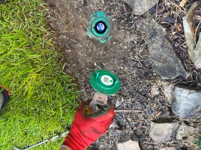 Exterior yard drainage installation with a green catch basin and red-handled valve visible in an outdoor lawn and mulch