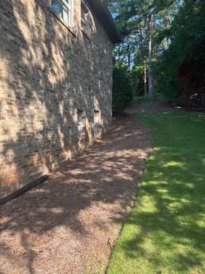 A brick foundation wall alongside a yard showing a black drainage pipe in the mulched area and bare ground where yard