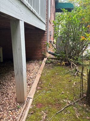 Exterior yard space showing existing drainage infrastructure with a wooden edging board, gravel base, moss-covered