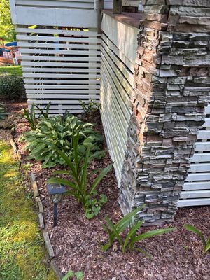 Exterior view of a house foundation with horizontal siding, decorative stone veneer, landscaping with mulch and plants,