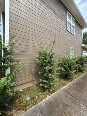 A residential home exterior showing the foundation area with landscaping and vegetation, with no visible repair work or