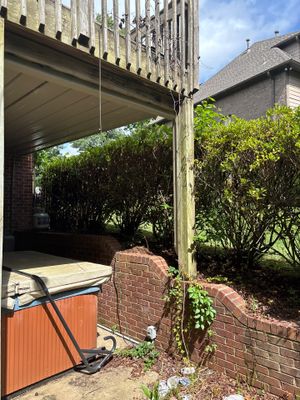 A residential exterior patio area with a pergola, brick wall, and landscaping shrubs showing no visible foundation