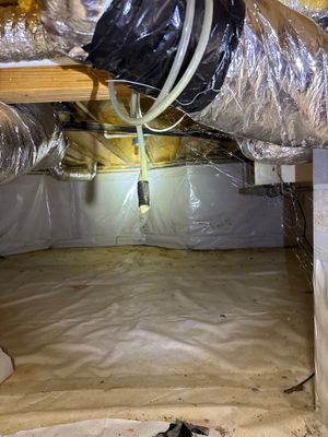 A crawlspace is being actively encapsulated with plastic sheeting and vapor barrier installation, with interior