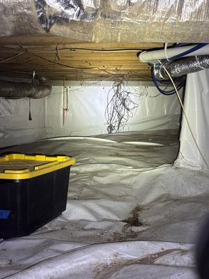 A crawl space with plastic sheeting being installed for encapsulation, interior drainage channel visible along the
