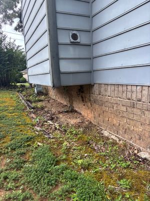 Exterior foundation view showing exposed brick stem wall with visible soil erosion, moss/algae growth, and a drainage