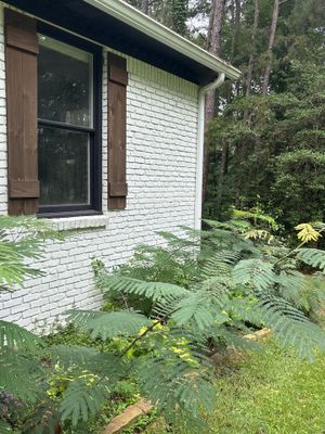 A clean exterior view of a white brick house foundation with a window and brown shutters, surrounded by mature