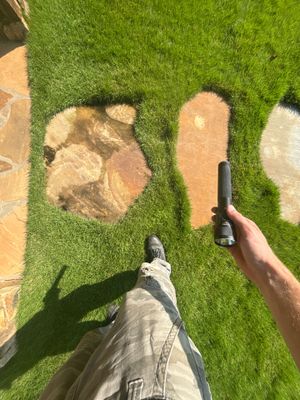 Aerial view of lawn with exposed soil patches and a drainage catch basin or French drain installation in progress,