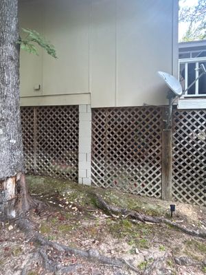 Exterior view of a house foundation with lattice skirting and overgrown vegetation, showing the pre-work condition