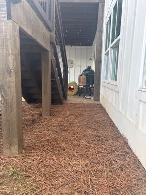 An exterior foundation area with mulch or wood chips spread across the ground between the house and an outbuilding,
