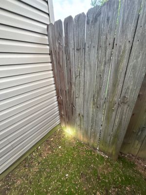 Narrow exterior side yard space between a metal siding house and weathered wooden fence with moss growth and grass