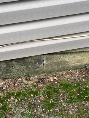 Exterior foundation area showing siding, exposed soil/mulch bed at grade line, and sparse vegetation indicating