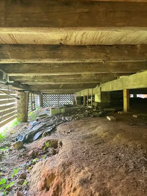Exposed crawlspace under a structure showing exposed soil, wooden support beams, and lattice screening, with no visible