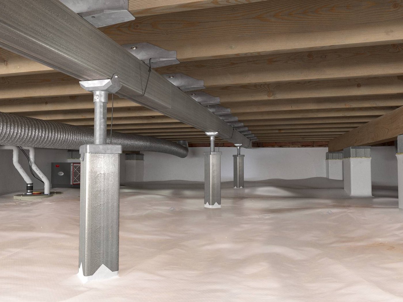 Encapsulated crawl space with adjustable support posts installed by APS Foundation Repair and Waterproofing