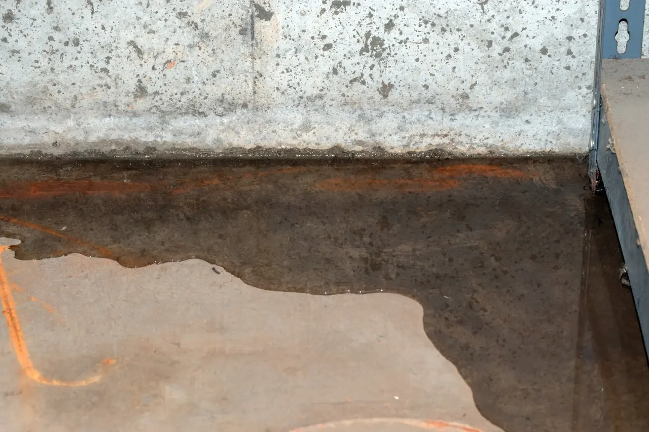 APS Foundation Repair and Waterproofing inspecting standing water and seepage at a concrete crawl space wall, showing rust st