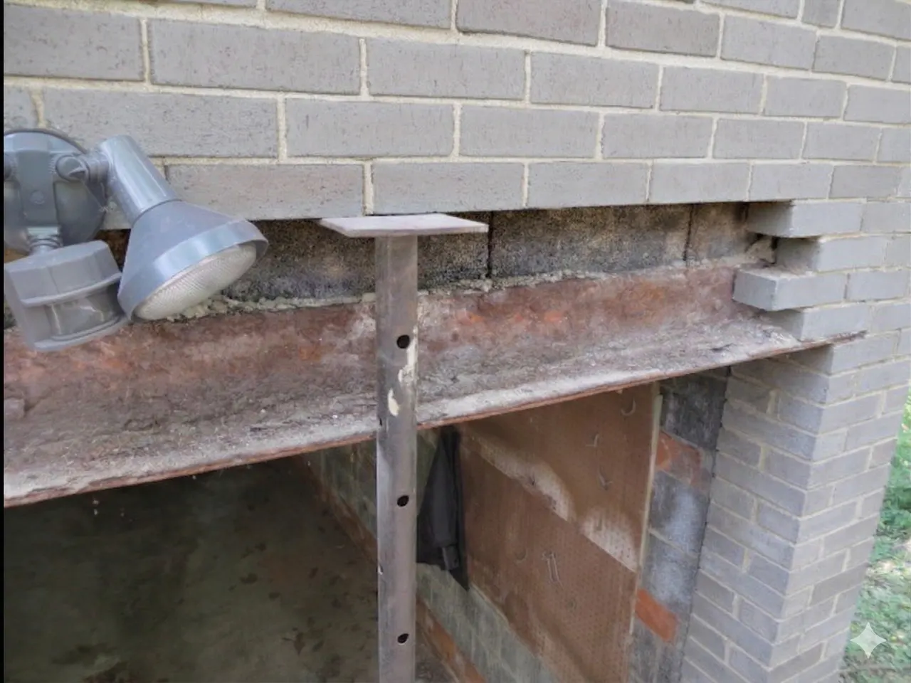 APS Foundation Repair and Waterproofing inspecting and supporting a cracked structural beam with an adjustable steel jack.