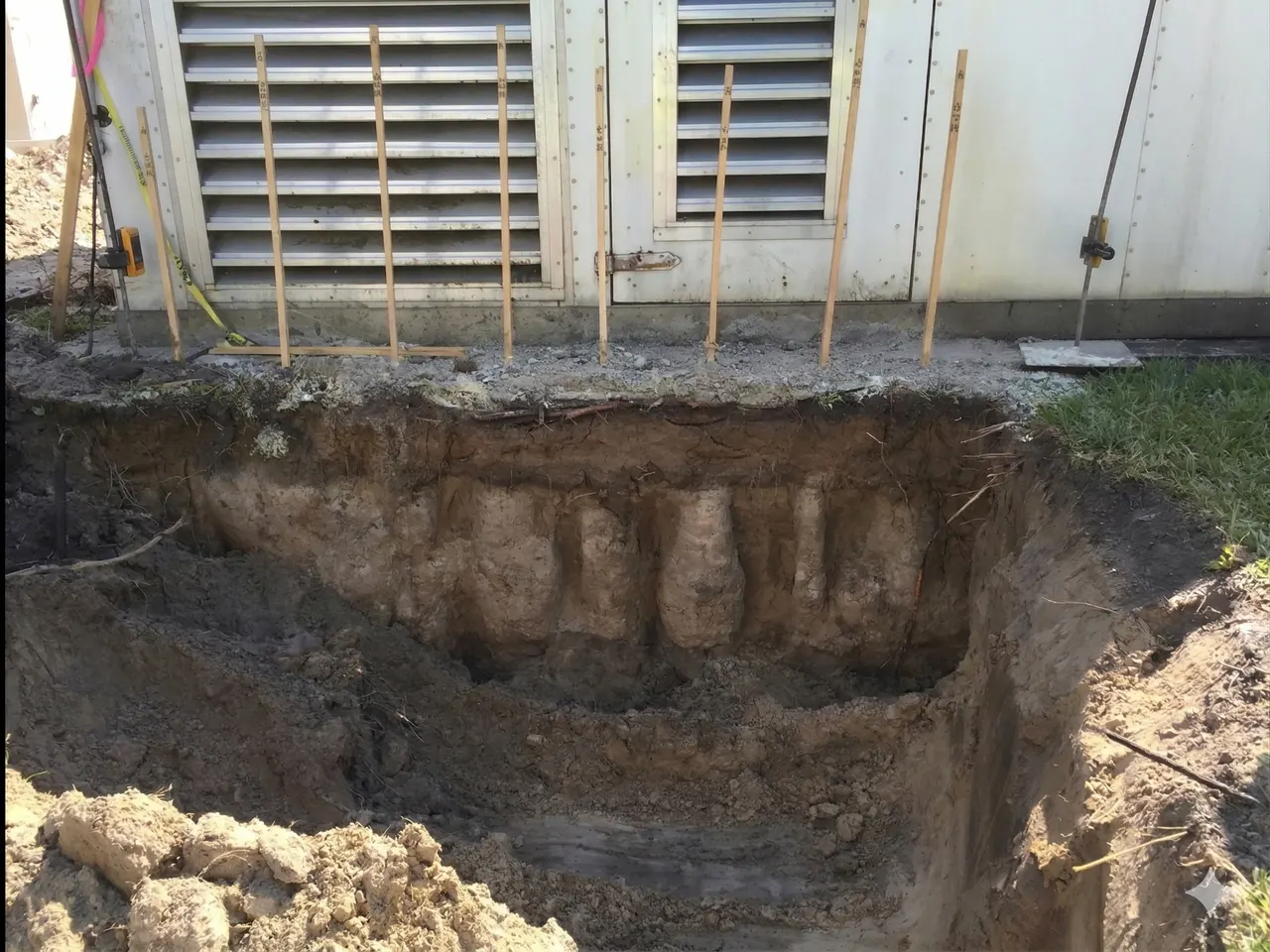 APS Foundation Repair and Waterproofing conducting soil grouting stabilization via excavation around a building foundation.