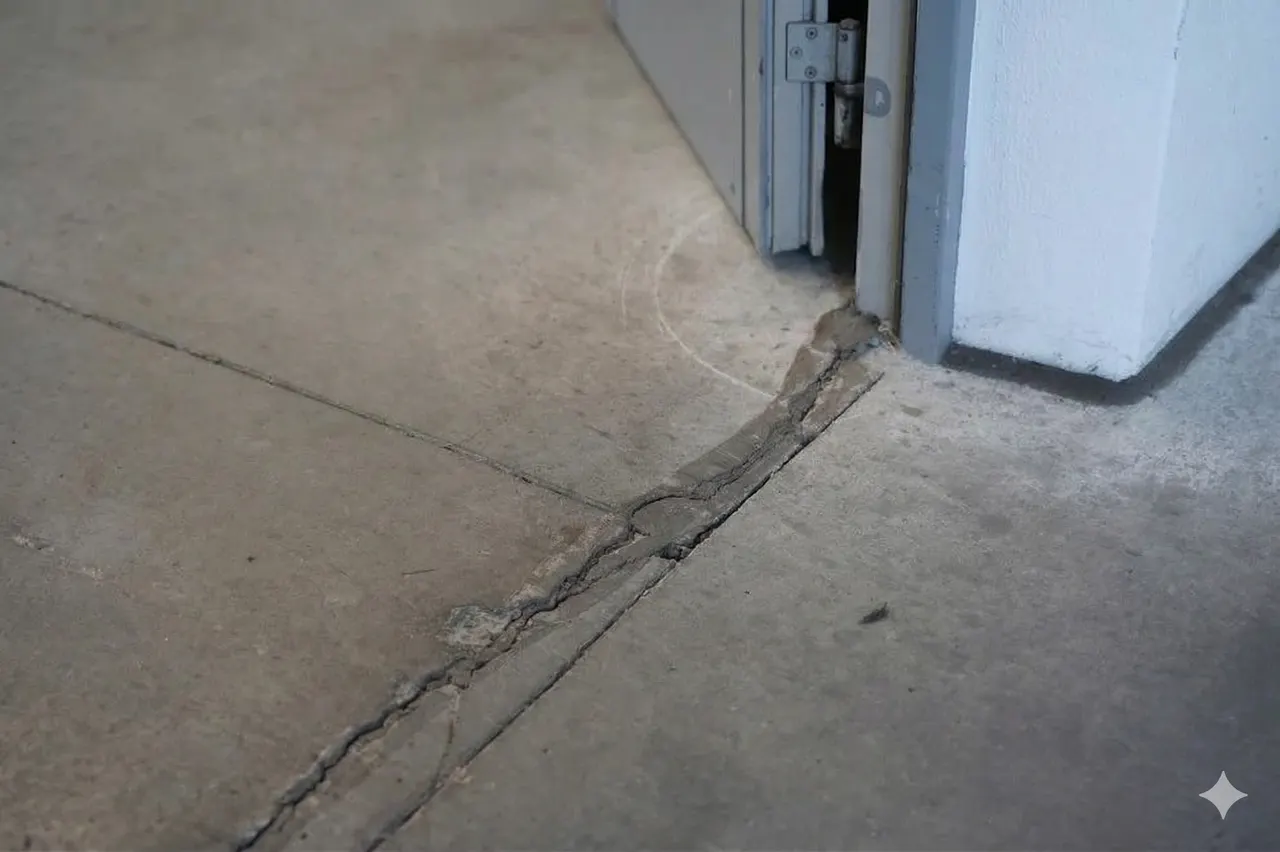 APS Foundation Repair and Waterproofing inspecting severe cracks in a concrete floor by a doorway, indicating structural issu