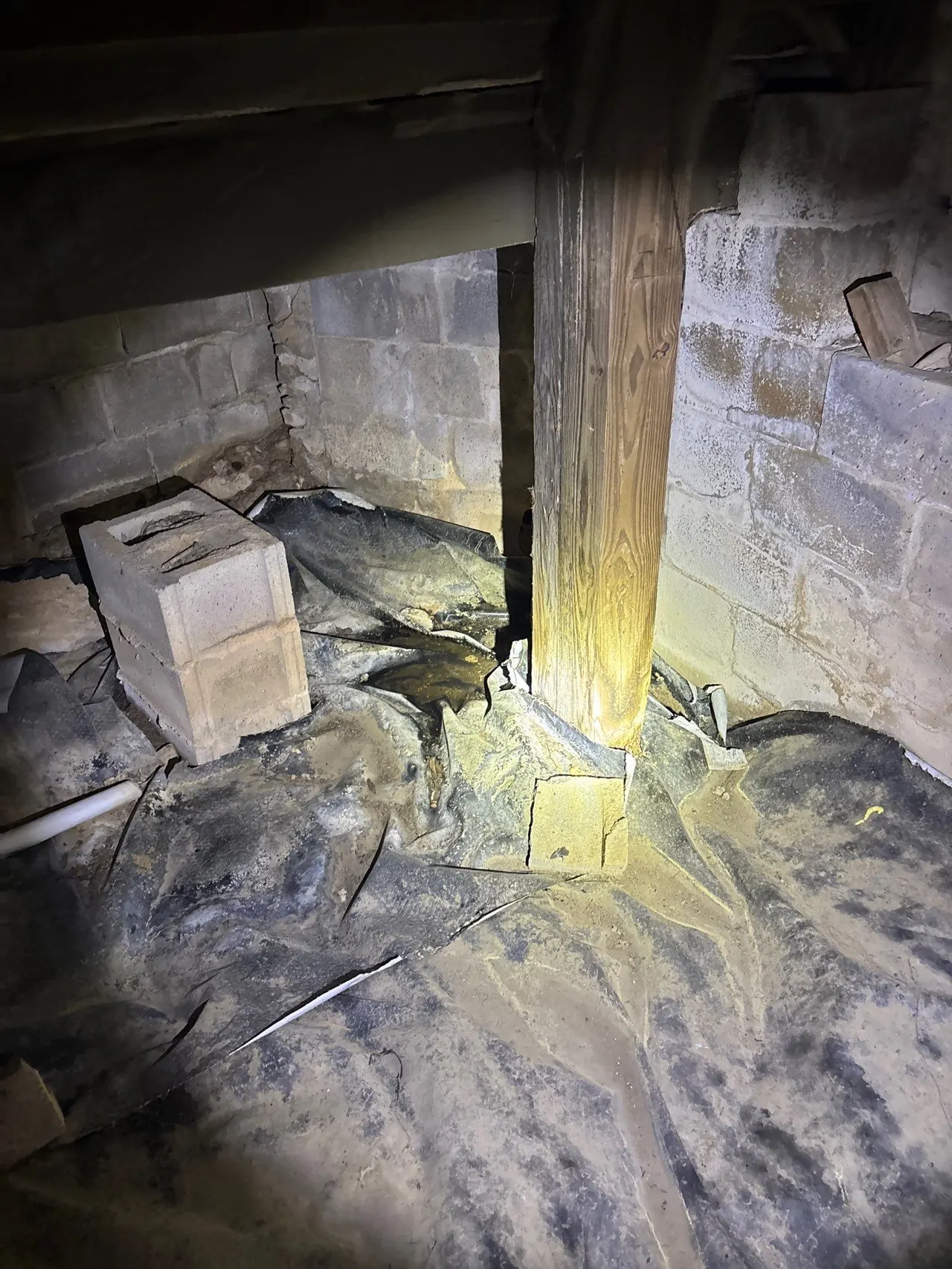 APS Foundation Repair and Waterproofing inspecting a wet crawl space with a failed vapor barrier and efflorescence