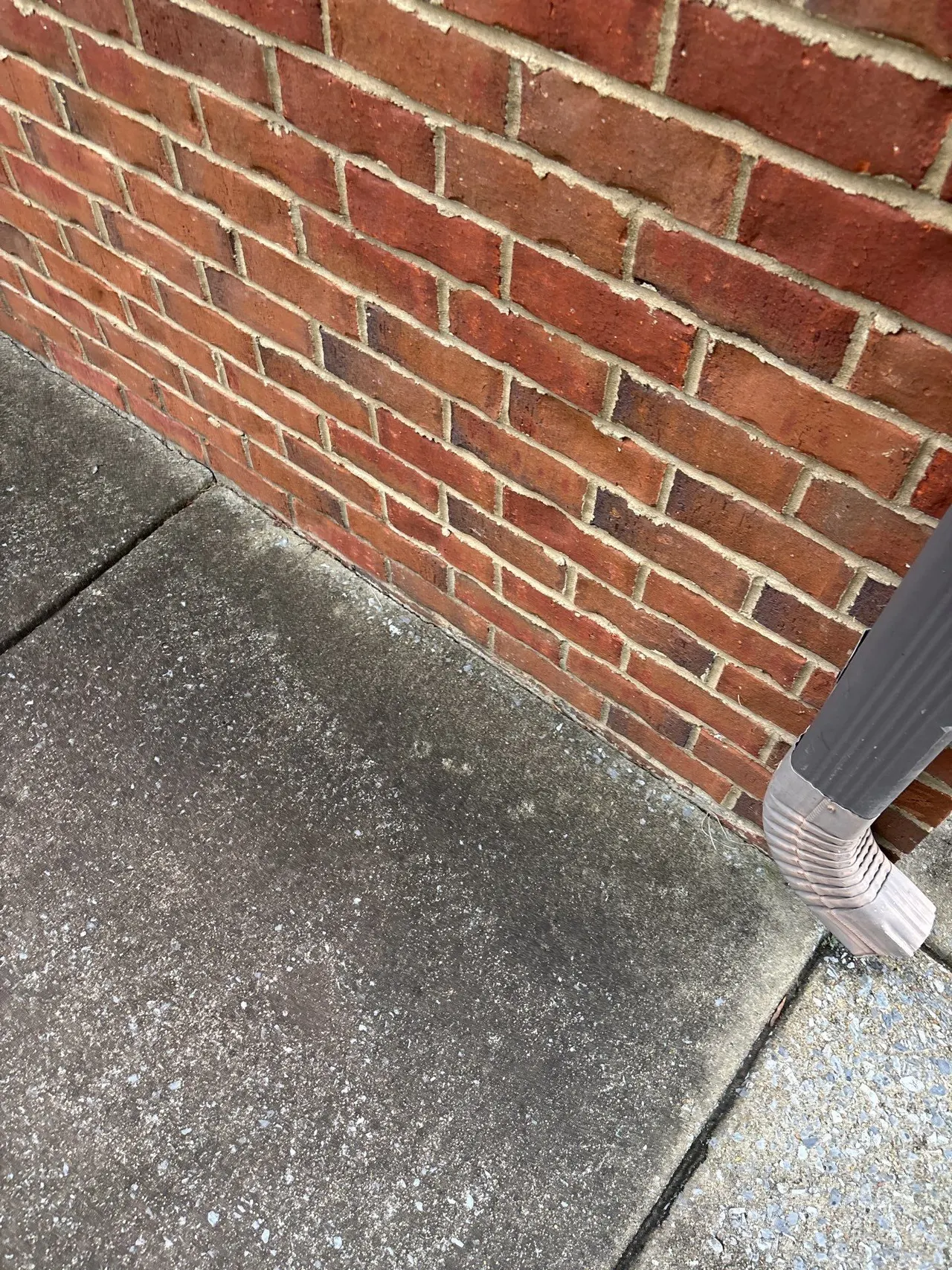 APS Foundation Repair and Waterproofing inspecting a cracked concrete sidewalk with poor downspout drainage in Westover, AL.