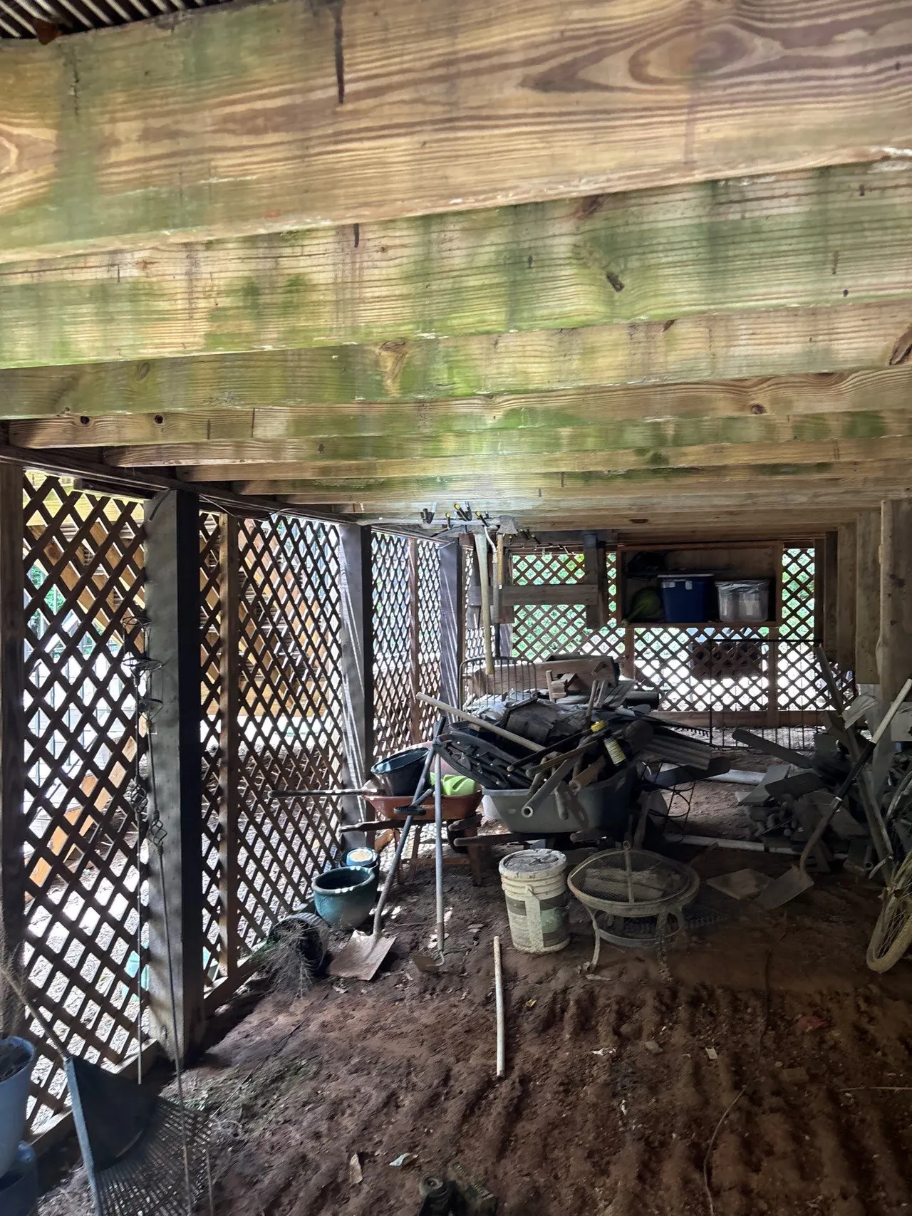 APS Foundation Repair and Waterproofing inspecting moldy wooden beams and exposed dirt floor in a damp crawl space