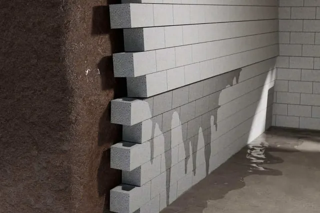 APS Foundation Repair and Waterproofing inspecting bowing basement block wall with hydrostatic water damage.