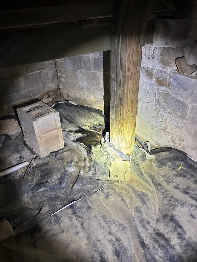 APS Foundation Repair and Waterproofing inspecting a wet crawl space with a failed vapor barrier and efflorescence